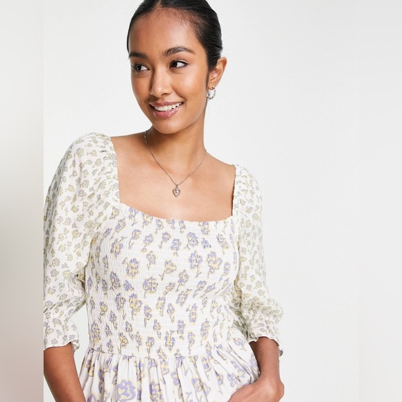 French Connection Square Neck Smock Top XL Floral Prairie Boho Western Flirty - Picture 3 of 12